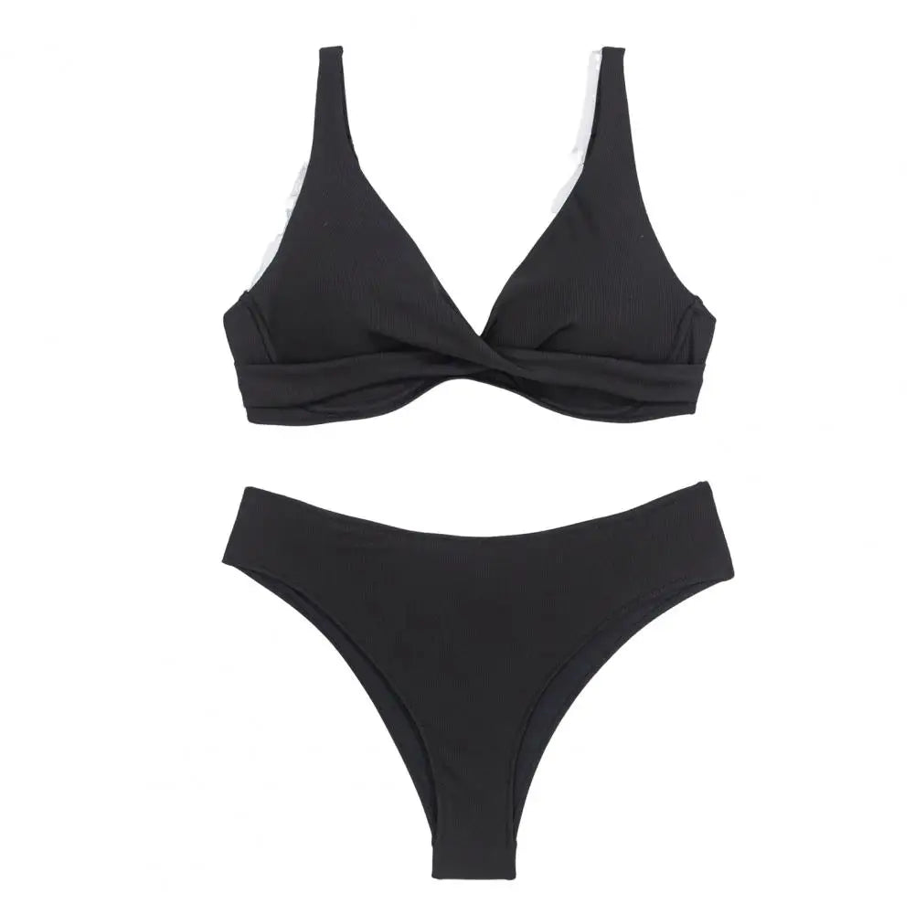 Sexy Swimsuit Ribbed V-neck Bikini Set with High Waist Swimming Trunks Sexy Summer Beachwear for Women Quick Drying Solid Color