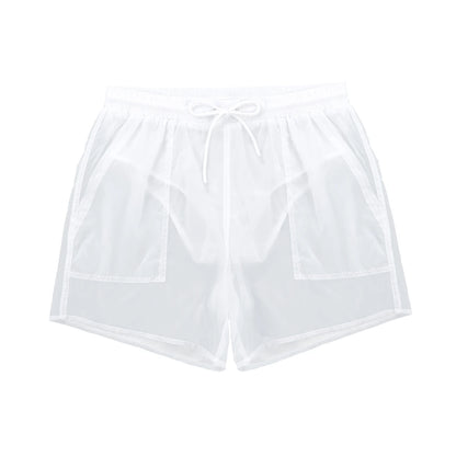 Transparent Swimwear Mens Swim Shorts Sexy Solid Drawstring Quick Dry Beach Shorts Man Swimming Trunks with Bulit-in Mesh Briefs