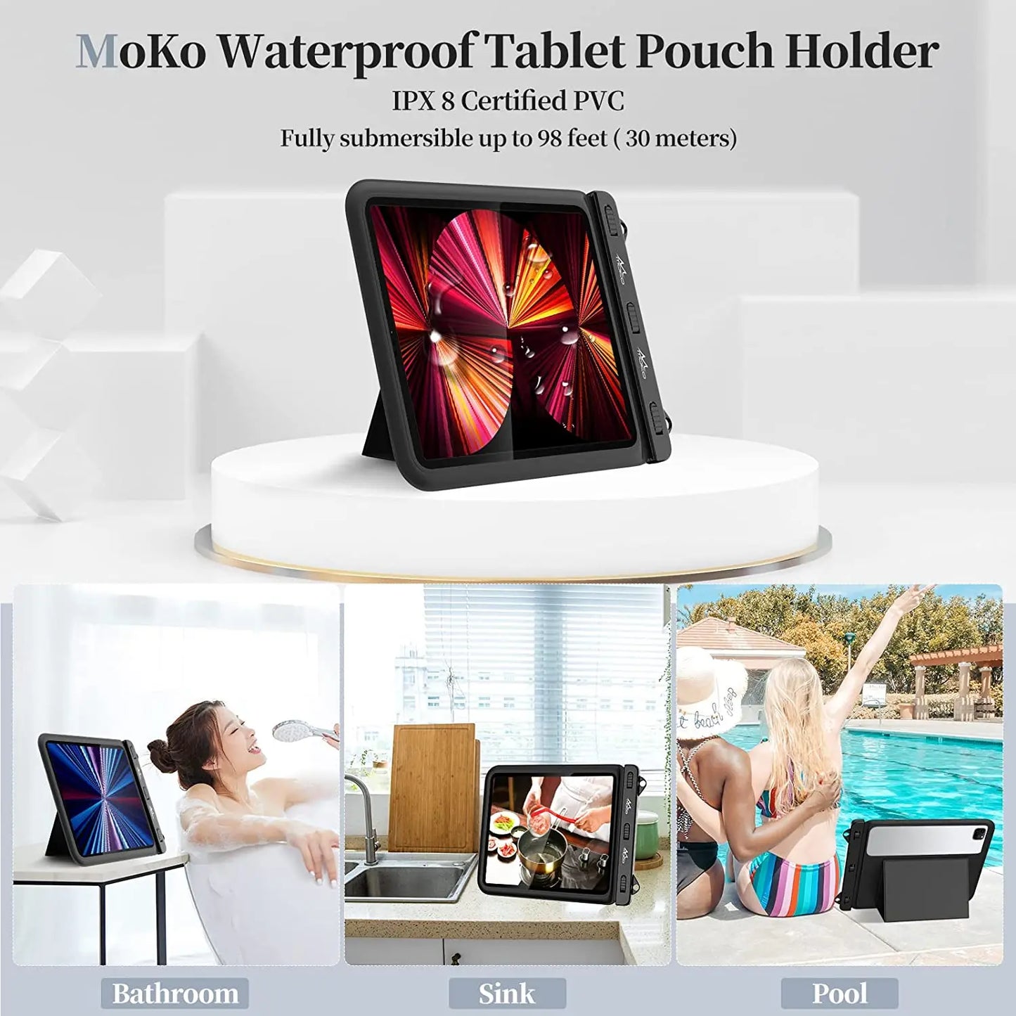 MoKo Waterproof Tablet Case 12 inch for iPad Pro 11,Galaxy Tab S6/S7 Bathroom Kitchen Stand Pouch Tablet Dry Bag