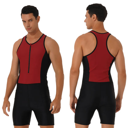 Mens Triathlon Wetsuit Swimsuit Swimwear Front Zipper Closure Racer Back Shorts Jumpsuit Bodysuit Beach Swimming Bathing Suit