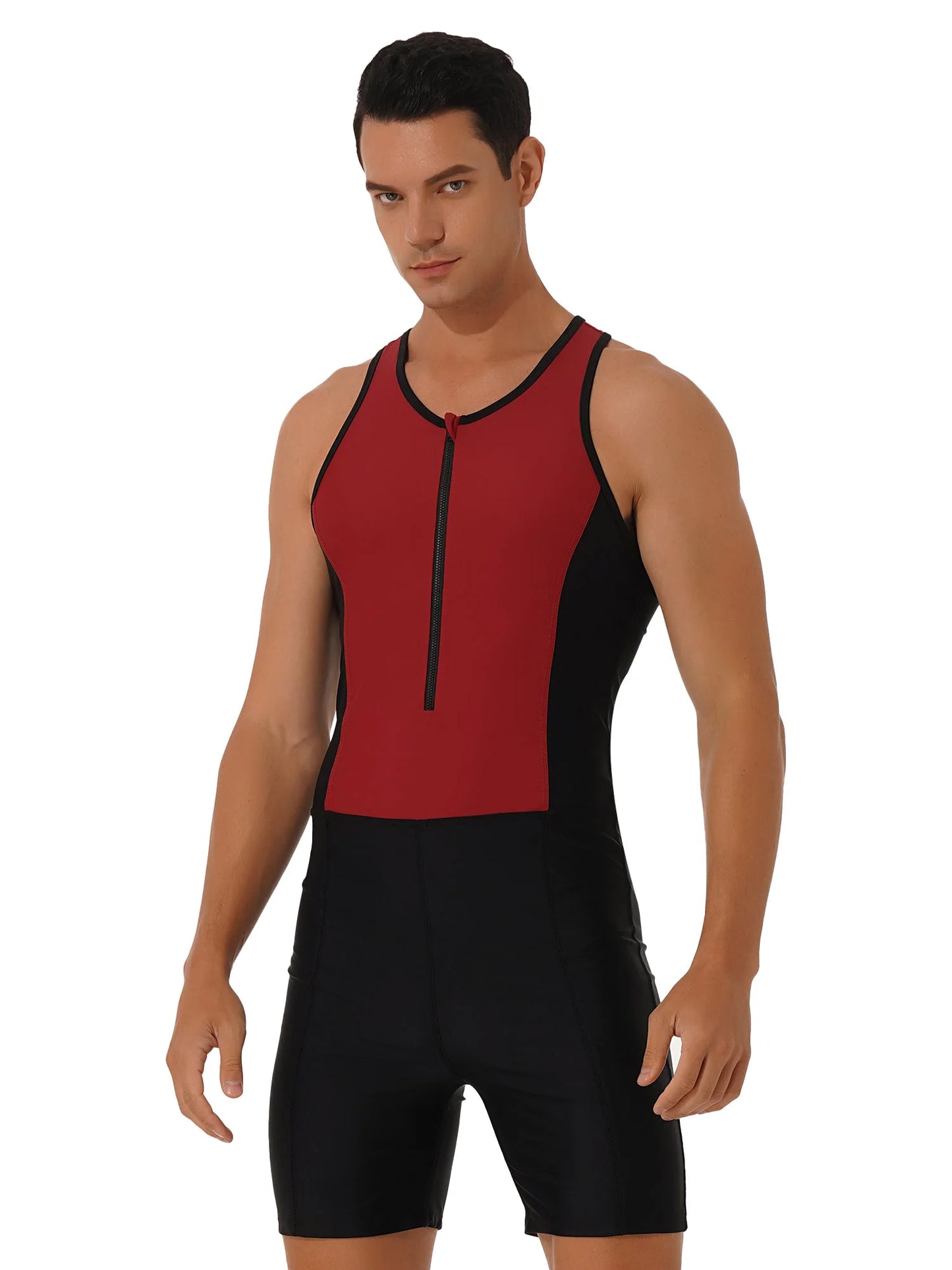 Mens Triathlon Wetsuit Swimsuit Swimwear Front Zipper Closure Racer Back Shorts Jumpsuit Bodysuit Beach Swimming Bathing Suit