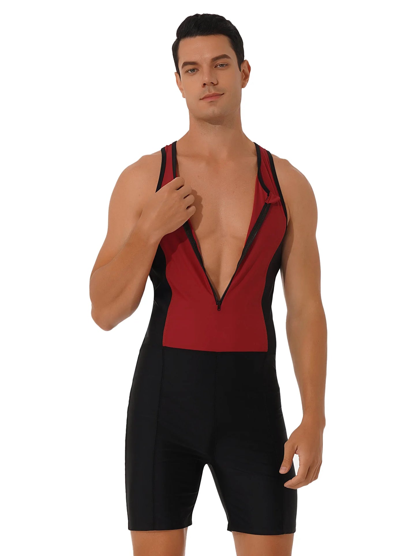Mens Triathlon Wetsuit Swimsuit Swimwear Front Zipper Closure Racer Back Shorts Jumpsuit Bodysuit Beach Swimming Bathing Suit