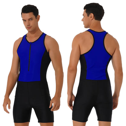 Mens Triathlon Wetsuit Swimsuit Swimwear Front Zipper Closure Racer Back Shorts Jumpsuit Bodysuit Beach Swimming Bathing Suit