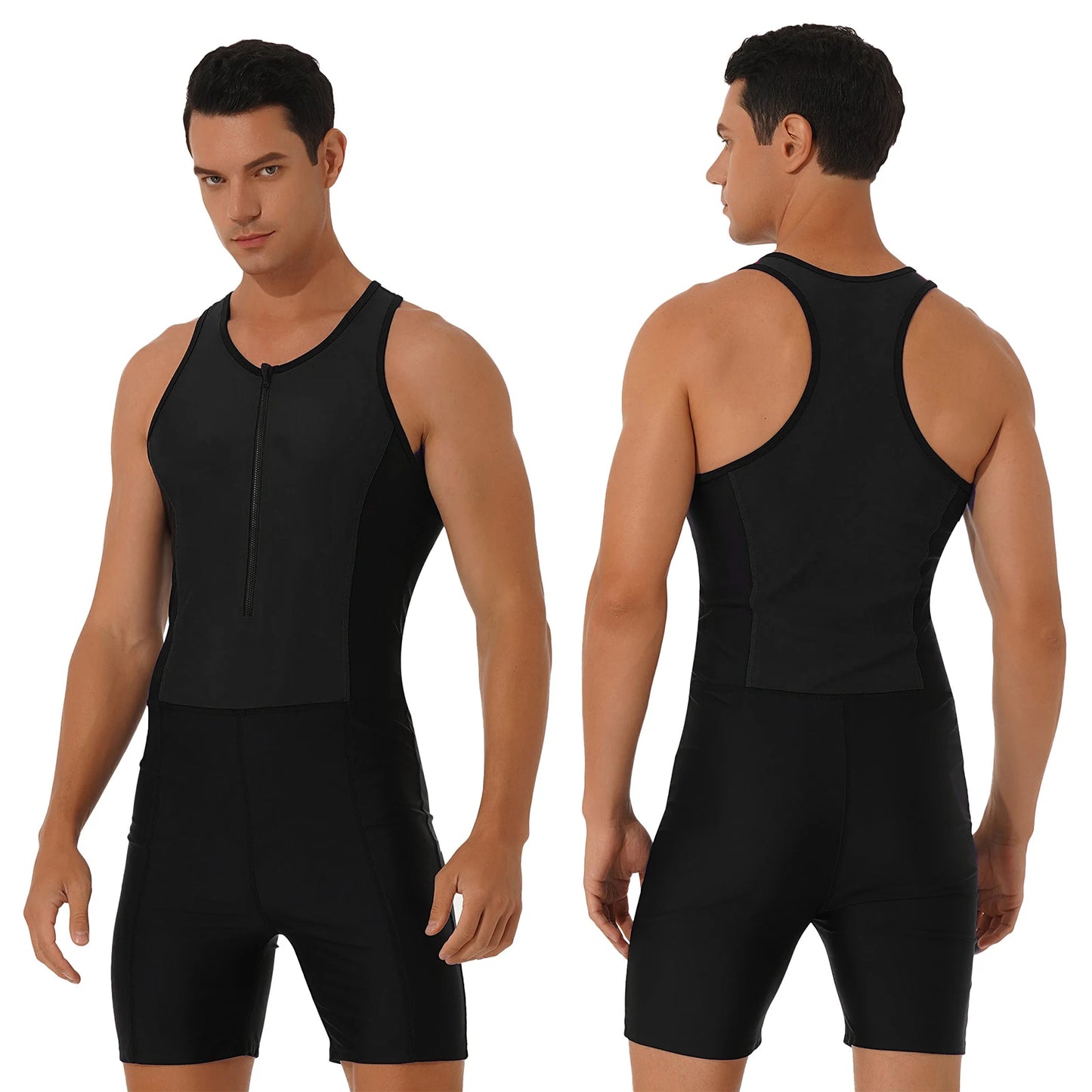Mens Triathlon Wetsuit Swimsuit Swimwear Front Zipper Closure Racer Back Shorts Jumpsuit Bodysuit Beach Swimming Bathing Suit
