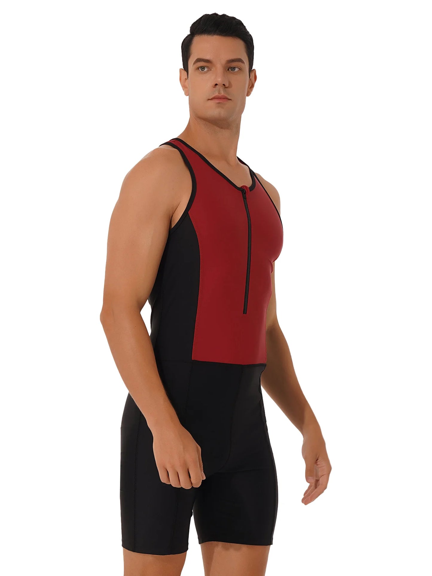 Mens Triathlon Wetsuit Swimsuit Swimwear Front Zipper Closure Racer Back Shorts Jumpsuit Bodysuit Beach Swimming Bathing Suit