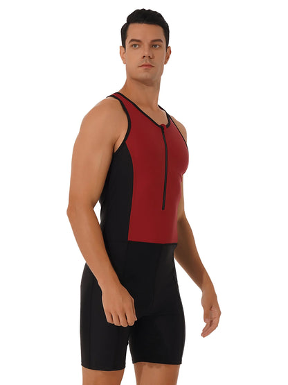 Mens Triathlon Wetsuit Swimsuit Swimwear Front Zipper Closure Racer Back Shorts Jumpsuit Bodysuit Beach Swimming Bathing Suit