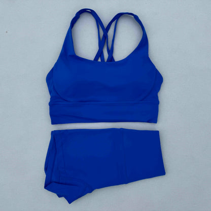 Yoga Clothes Set 2 Piece Gym Sports Shorts Set Women Cross Back Bra Top High Waist Shorts Fitness Suit Running Workout Tracksuit