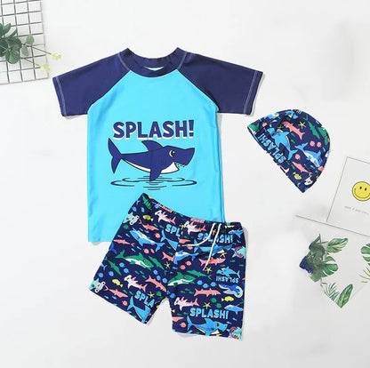 Summer New Beach Play Boys And Girls Neutral Swimsuit Suit Top + Pants + Swimming Cap Casual Cute Print Three-piece Set