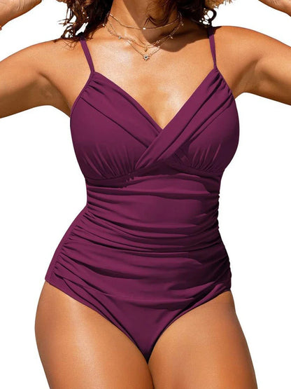 2025 Women Sports Pleated Bodysuit Summer Bather Bathing Push Up Solid Swimwear Female Swimming Beach Shoulder Strap Monokini