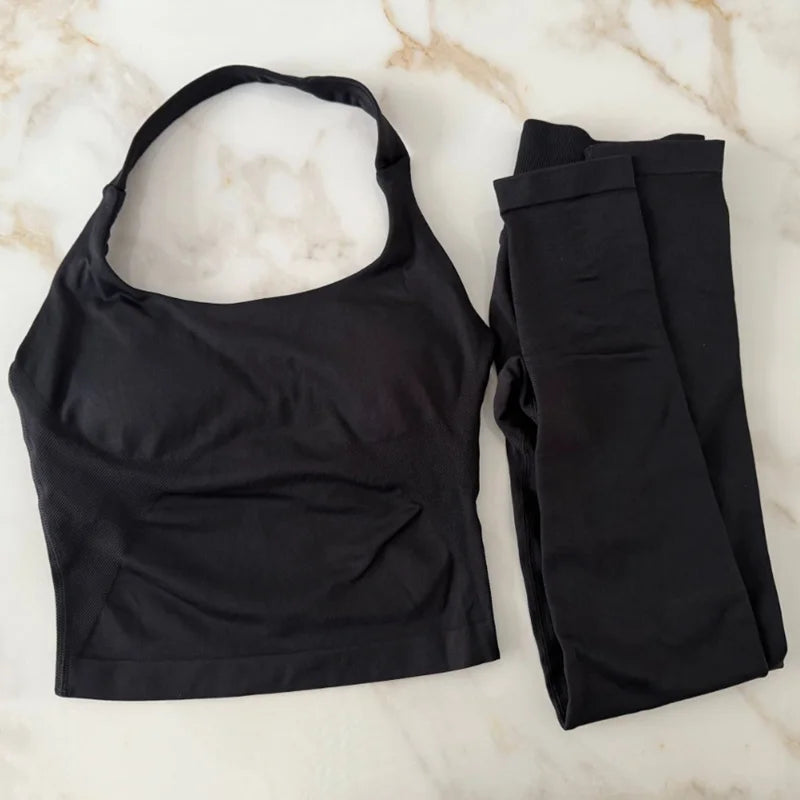 NO LOGO 2 Pcs Gym Set Women Backless Halter Tops High Waist Seamless Leggings Gym Suit Fitness Clothes Sportswear Workout Sets