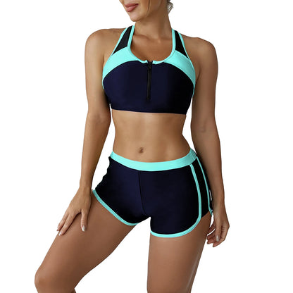 Women's Swimsuit Two Pieces Gymnastic Swimming Suit Sleeveless Front Zipper Sport Bra Crop Vest Tank Top Shorts Set Tracksuit