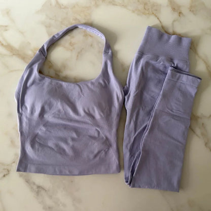 NO LOGO 2 Pcs Gym Set Women Backless Halter Tops High Waist Seamless Leggings Gym Suit Fitness Clothes Sportswear Workout Sets