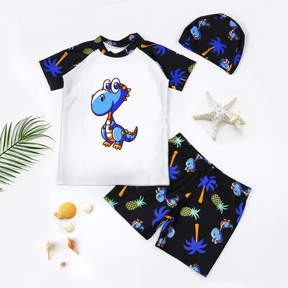 Summer New Beach Play Boys And Girls Neutral Swimsuit Suit Top + Pants + Swimming Cap Casual Cute Print Three-piece Set