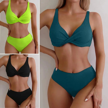 Sexy Swimsuit Ribbed V-neck Bikini Set with High Waist Swimming Trunks Sexy Summer Beachwear for Women Quick Drying Solid Color