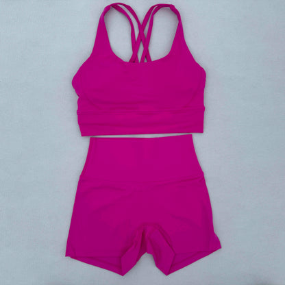 Yoga Clothes Set 2 Piece Gym Sports Shorts Set Women Cross Back Bra Top High Waist Shorts Fitness Suit Running Workout Tracksuit