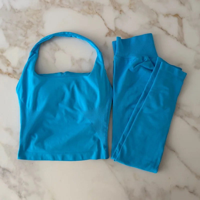 NO LOGO 2 Pcs Gym Set Women Backless Halter Tops High Waist Seamless Leggings Gym Suit Fitness Clothes Sportswear Workout Sets