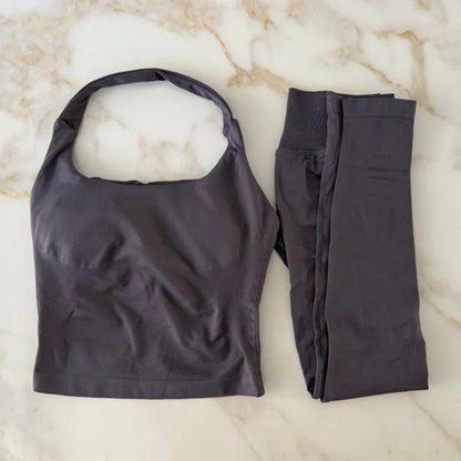 NO LOGO 2 Pcs Gym Set Women Backless Halter Tops High Waist Seamless Leggings Gym Suit Fitness Clothes Sportswear Workout Sets