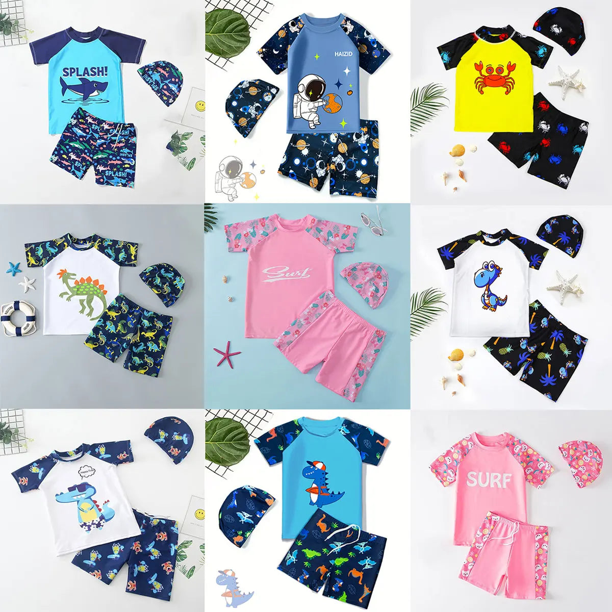 Summer New Beach Play Boys And Girls Neutral Swimsuit Suit Top + Pants + Swimming Cap Casual Cute Print Three-piece Set
