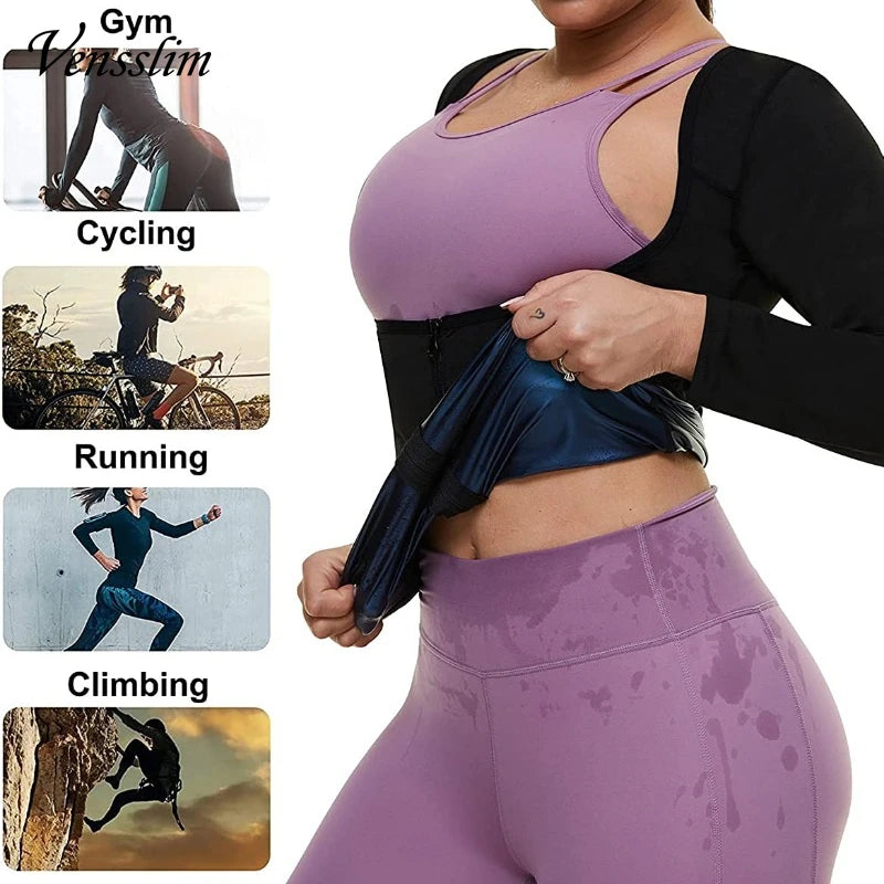Sauna Suit for Women Weight Loss Sweat Jacket Long Sleeve Body Shaper Fitness Zipper Workout Shirts Slimming Waist Trainer