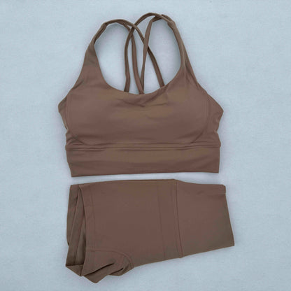 Yoga Clothes Set 2 Piece Gym Sports Shorts Set Women Cross Back Bra Top High Waist Shorts Fitness Suit Running Workout Tracksuit