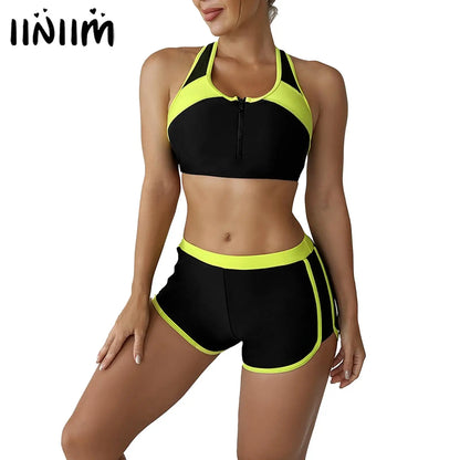 Women's Swimsuit Two Pieces Gymnastic Swimming Suit Sleeveless Front Zipper Sport Bra Crop Vest Tank Top Shorts Set Tracksuit
