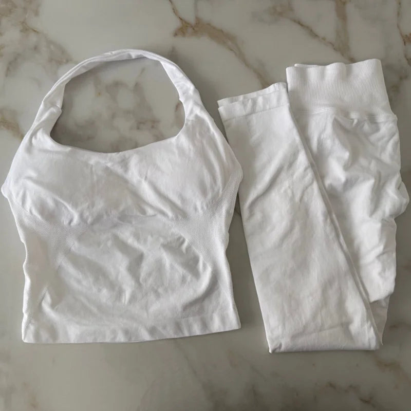 NO LOGO 2 Pcs Gym Set Women Backless Halter Tops High Waist Seamless Leggings Gym Suit Fitness Clothes Sportswear Workout Sets