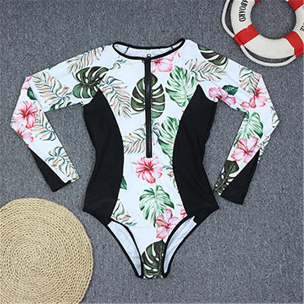 Women's Surfing Suit New One-piece Swimsuit Sexy Long Sleeve Printing  Rash Guard Beach Sports Wear Swimming Bathing Clothes