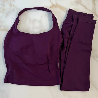 NO LOGO 2 Pcs Gym Set Women Backless Halter Tops High Waist Seamless Leggings Gym Suit Fitness Clothes Sportswear Workout Sets