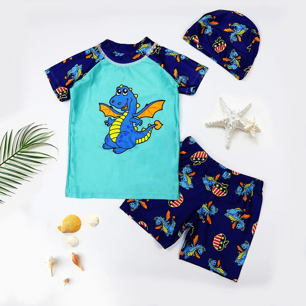 Summer New Beach Play Boys And Girls Neutral Swimsuit Suit Top + Pants + Swimming Cap Casual Cute Print Three-piece Set