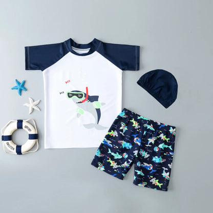Summer New Beach Play Boys And Girls Neutral Swimsuit Suit Top + Pants + Swimming Cap Casual Cute Print Three-piece Set