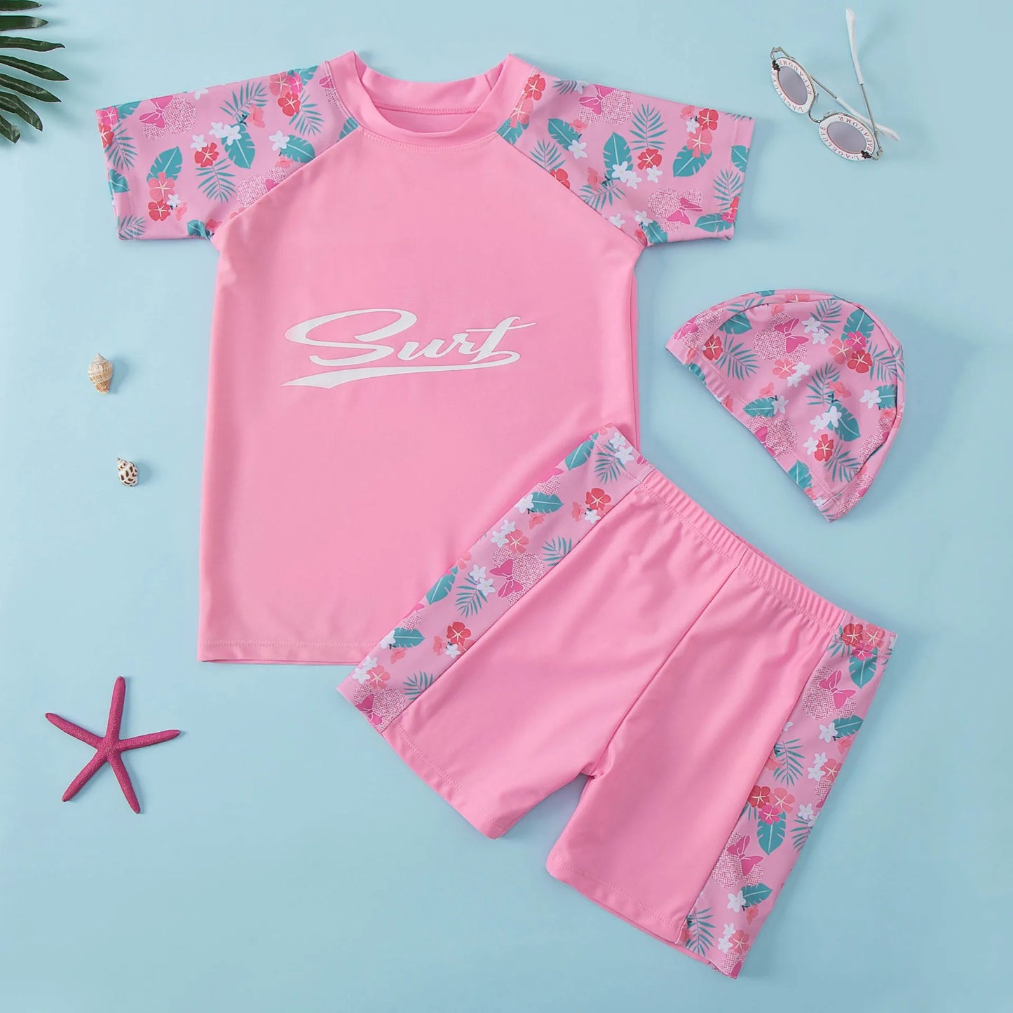 Summer New Beach Play Boys And Girls Neutral Swimsuit Suit Top + Pants + Swimming Cap Casual Cute Print Three-piece Set