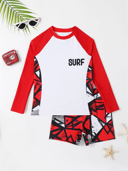 Boy Swimsuit 2026 New Solid And Print Long Sleeve Children Swimwear Summer Kids Beach Wear Shorts Swimming Bathing Suit For Men