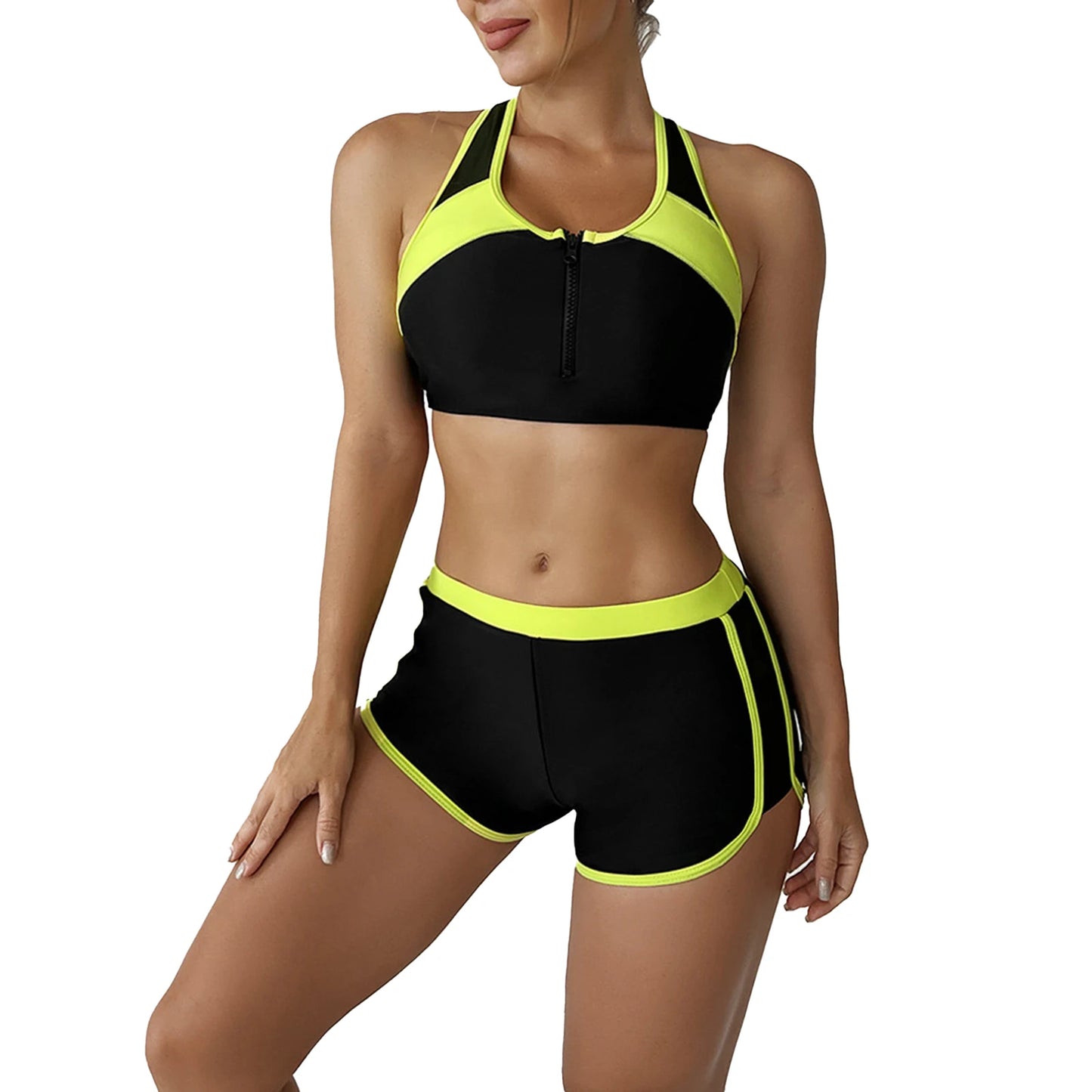 Women's Swimsuit Two Pieces Gymnastic Swimming Suit Sleeveless Front Zipper Sport Bra Crop Vest Tank Top Shorts Set Tracksuit