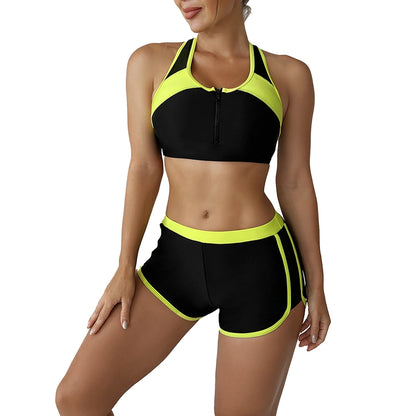 Women's Swimsuit Two Pieces Gymnastic Swimming Suit Sleeveless Front Zipper Sport Bra Crop Vest Tank Top Shorts Set Tracksuit