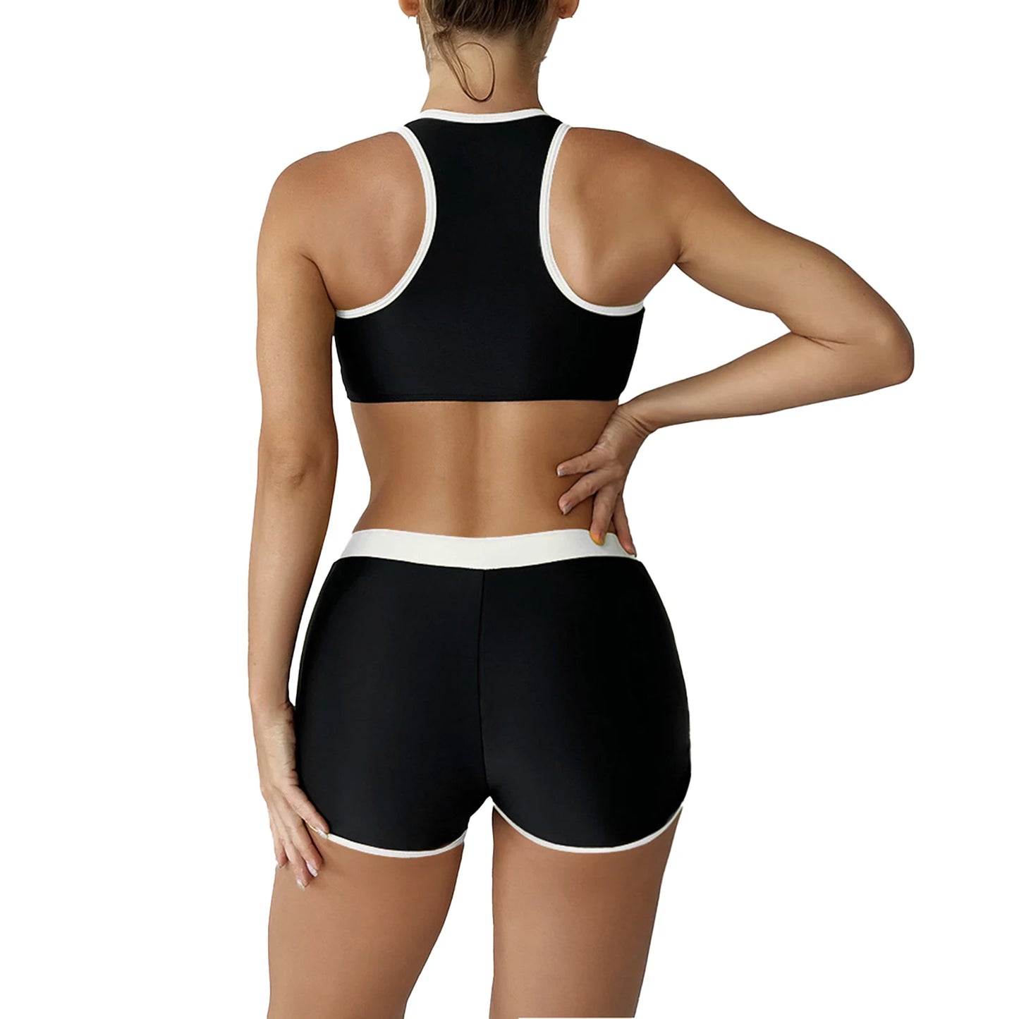 Women's Swimsuit Two Pieces Gymnastic Swimming Suit Sleeveless Front Zipper Sport Bra Crop Vest Tank Top Shorts Set Tracksuit