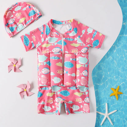Children's Buoyancy Swimsuit One-piece Swimsuit for Kids Floating Rash Guards Cartoon Print Girls Boys Swimwear Swimming Clothes
