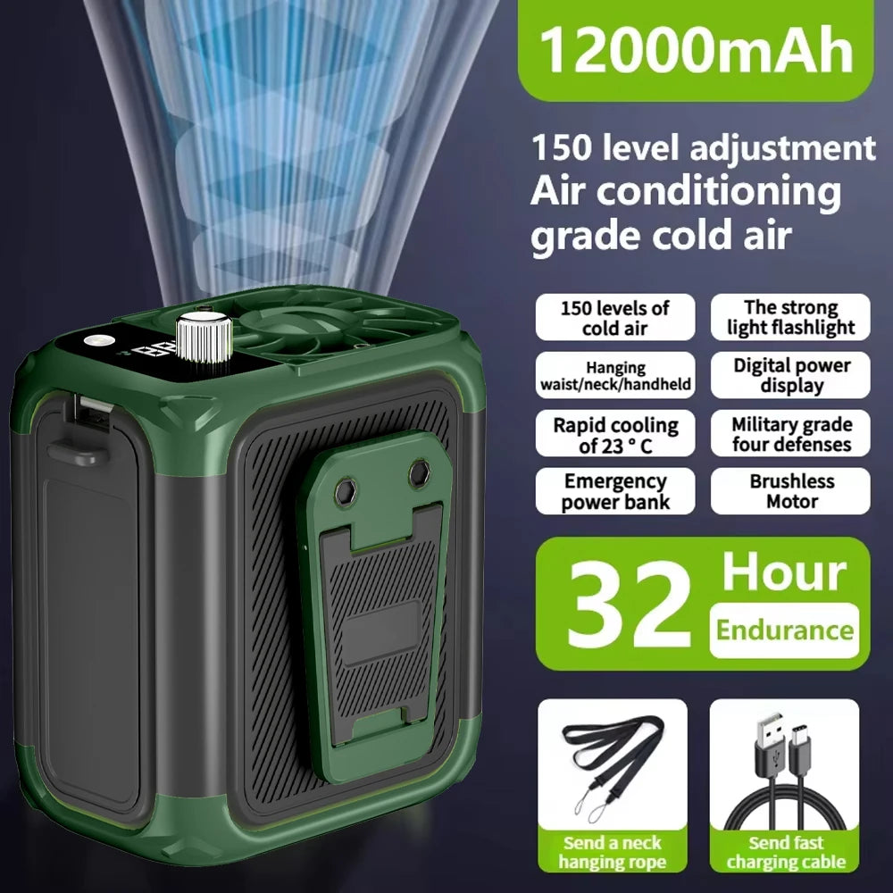 Mini high-speed waist fan, bladeless USB hanging neck fan, outdoor multifunctional mobile power lighting digital display fan