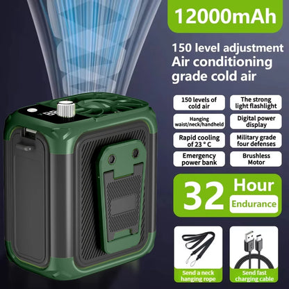 Mini high-speed waist fan, bladeless USB hanging neck fan, outdoor multifunctional mobile power lighting digital display fan