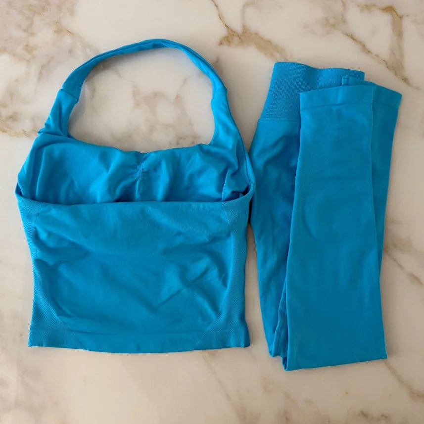 NO LOGO 2 Pcs Gym Set Women Backless Halter Tops High Waist Seamless Leggings Gym Suit Fitness Clothes Sportswear Workout Sets