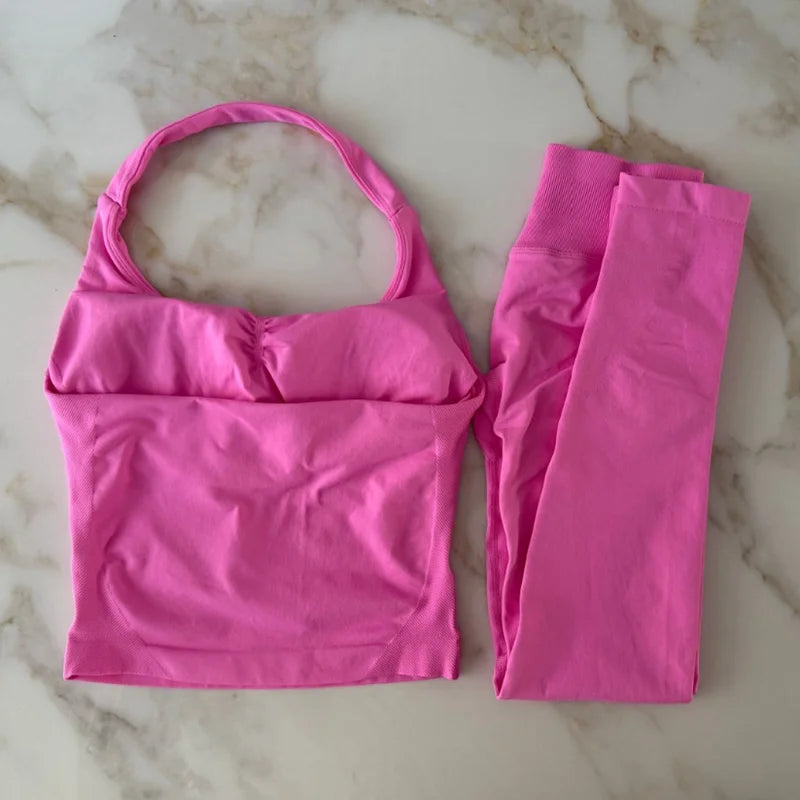 NO LOGO 2 Pcs Gym Set Women Backless Halter Tops High Waist Seamless Leggings Gym Suit Fitness Clothes Sportswear Workout Sets