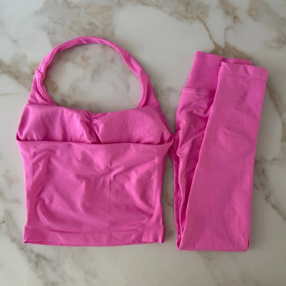 NO LOGO 2 Pcs Gym Set Women Backless Halter Tops High Waist Seamless Leggings Gym Suit Fitness Clothes Sportswear Workout Sets