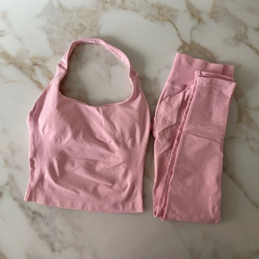 NO LOGO 2 Pcs Gym Set Women Backless Halter Tops High Waist Seamless Leggings Gym Suit Fitness Clothes Sportswear Workout Sets