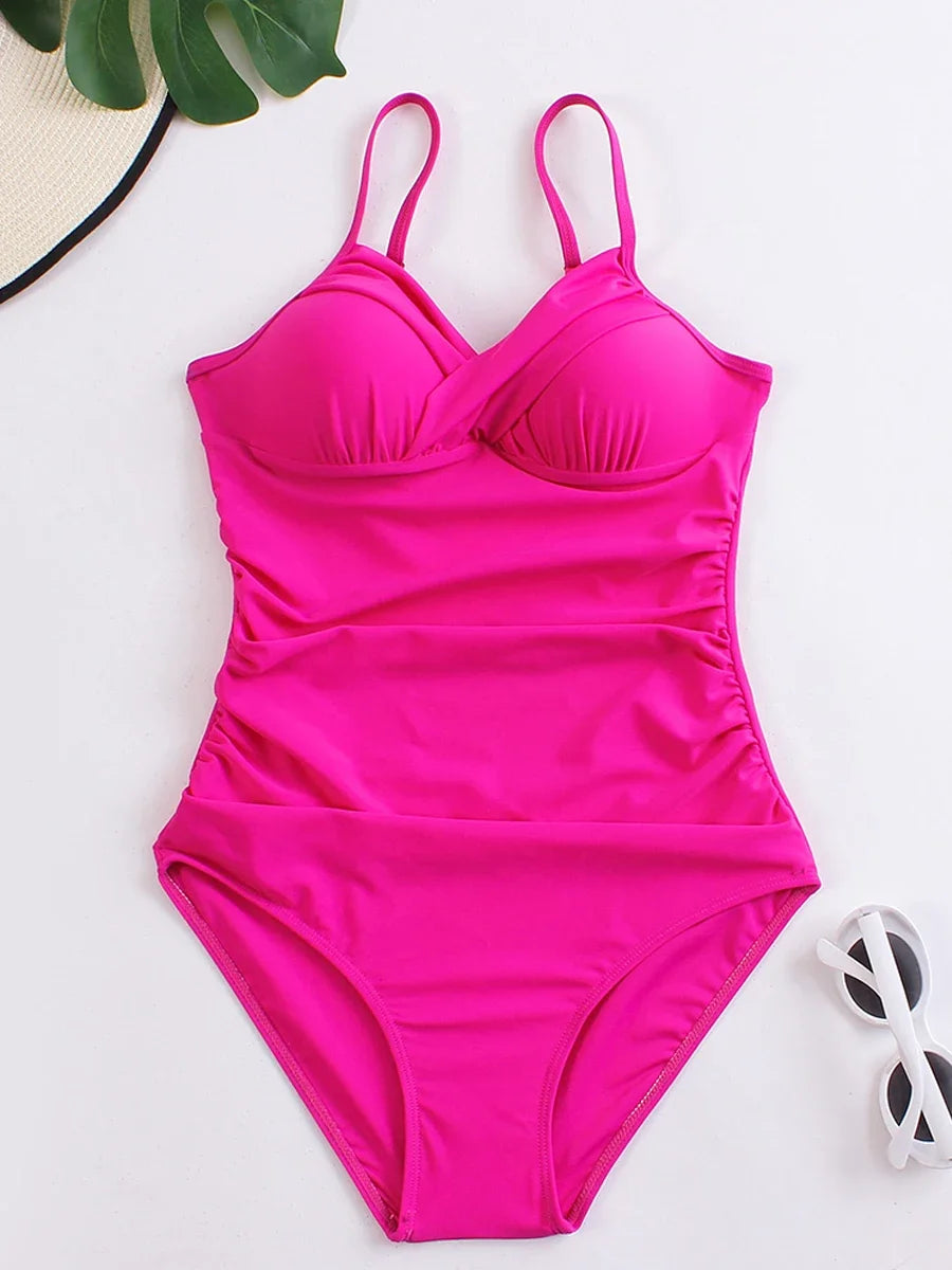 2025 Women Sports Pleated Bodysuit Summer Bather Bathing Push Up Solid Swimwear Female Swimming Beach Shoulder Strap Monokini