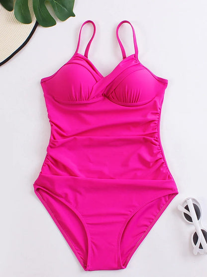 2025 Women Sports Pleated Bodysuit Summer Bather Bathing Push Up Solid Swimwear Female Swimming Beach Shoulder Strap Monokini
