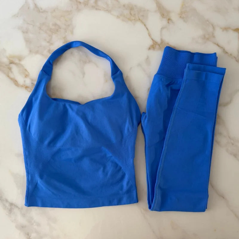 NO LOGO 2 Pcs Gym Set Women Backless Halter Tops High Waist Seamless Leggings Gym Suit Fitness Clothes Sportswear Workout Sets