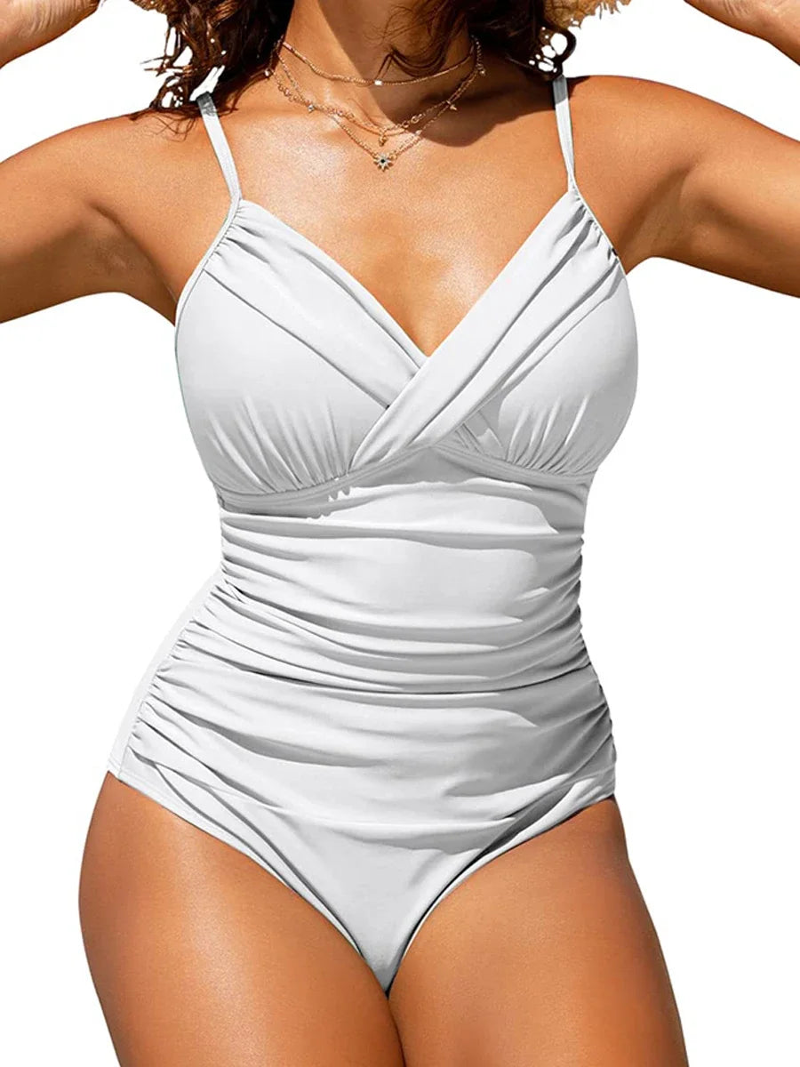 2025 Women Sports Pleated Bodysuit Summer Bather Bathing Push Up Solid Swimwear Female Swimming Beach Shoulder Strap Monokini