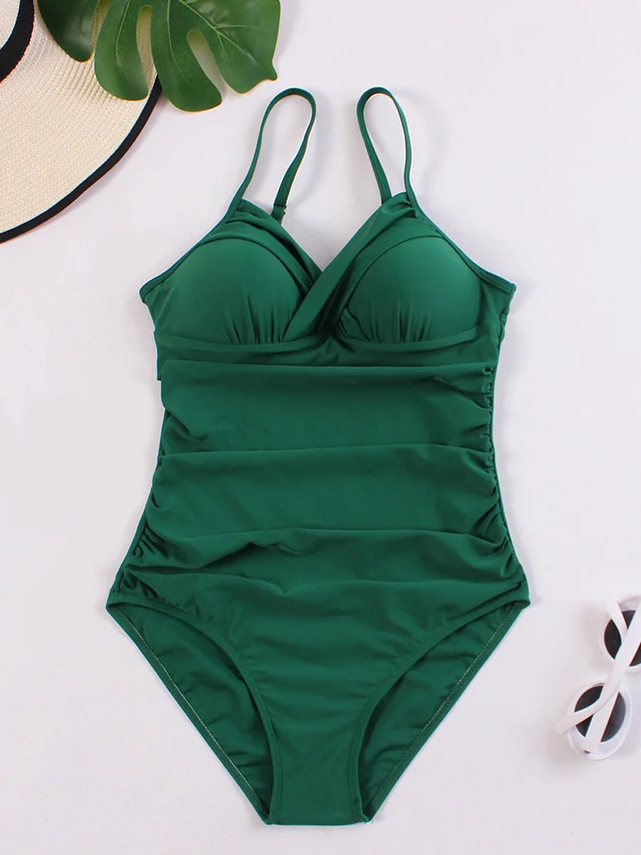 2025 Women Sports Pleated Bodysuit Summer Bather Bathing Push Up Solid Swimwear Female Swimming Beach Shoulder Strap Monokini
