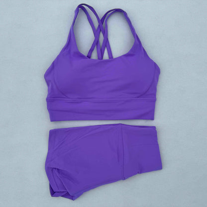 Yoga Clothes Set 2 Piece Gym Sports Shorts Set Women Cross Back Bra Top High Waist Shorts Fitness Suit Running Workout Tracksuit