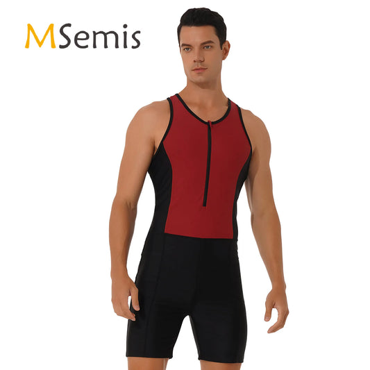 Mens Triathlon Wetsuit Swimsuit Swimwear Front Zipper Closure Racer Back Shorts Jumpsuit Bodysuit Beach Swimming Bathing Suit