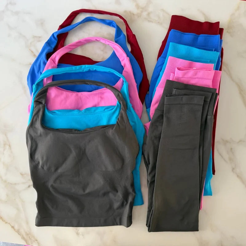 NO LOGO 2 Pcs Gym Set Women Backless Halter Tops High Waist Seamless Leggings Gym Suit Fitness Clothes Sportswear Workout Sets